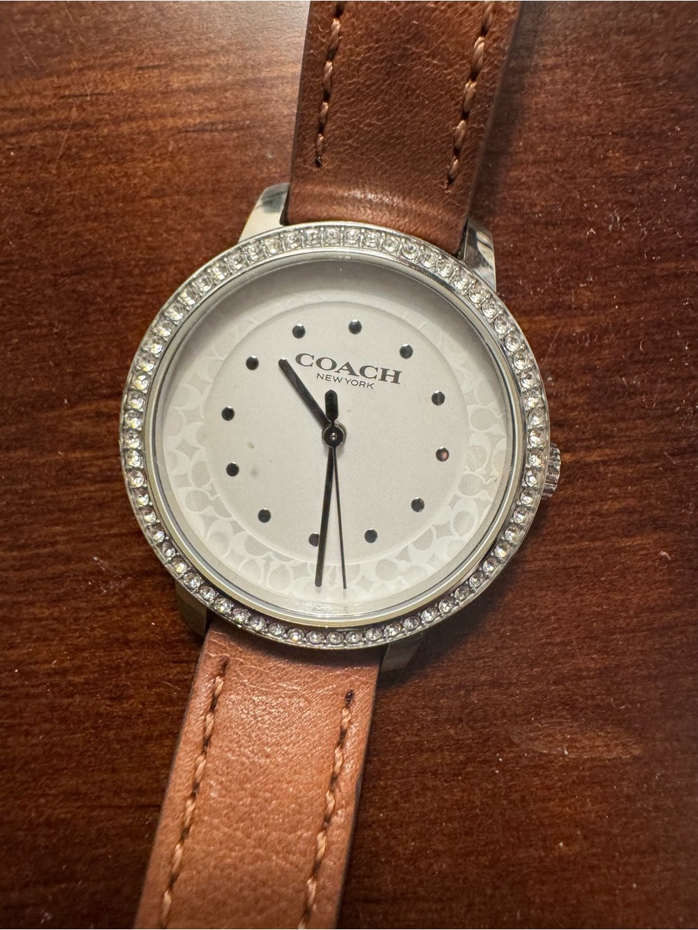 Coach Women's Silver Crystal Bezel Watch with Brown Leather Strap